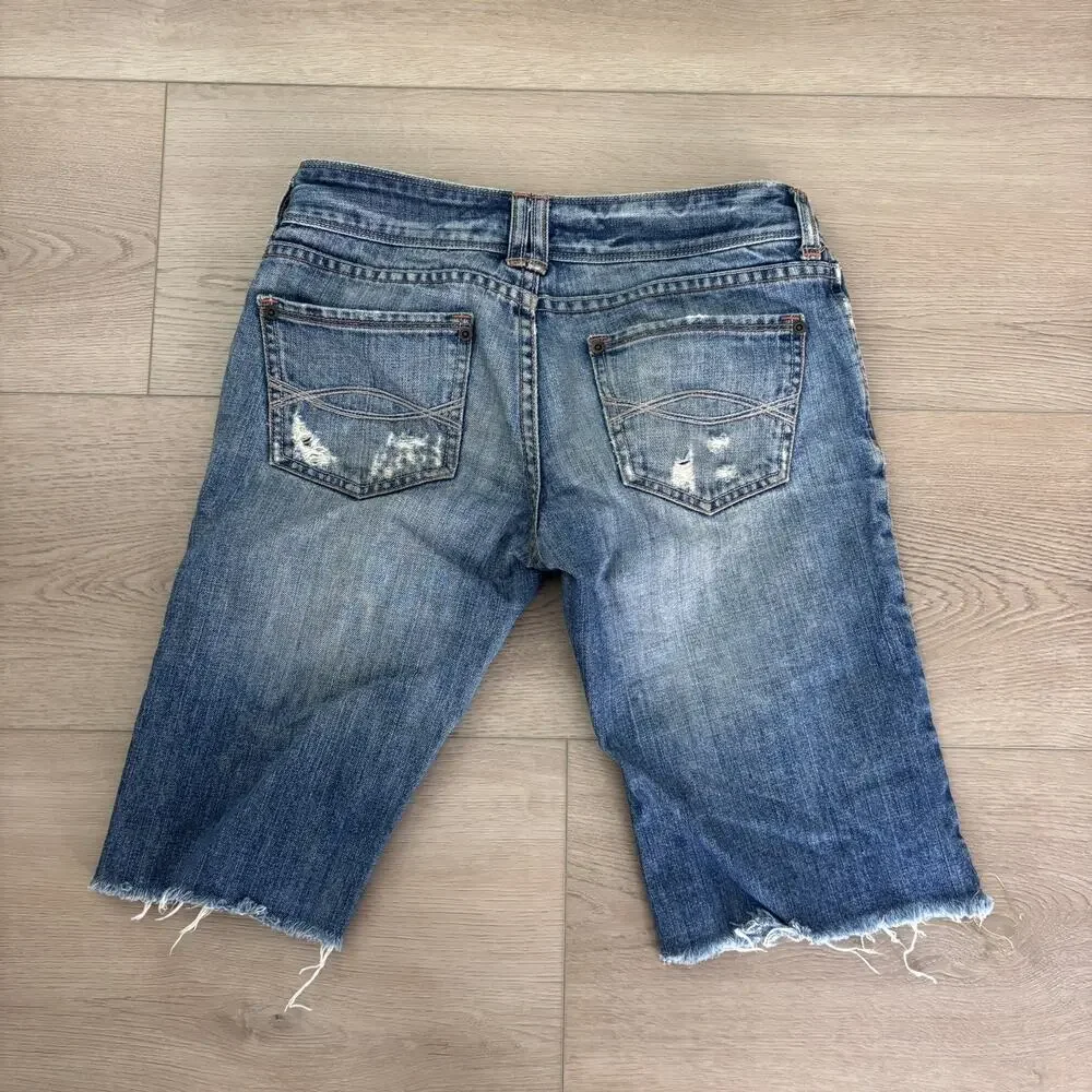 Abercrombie & Fitch Womens Low Rise Jean Shorts Y2K Long Bermuda Distress Denim